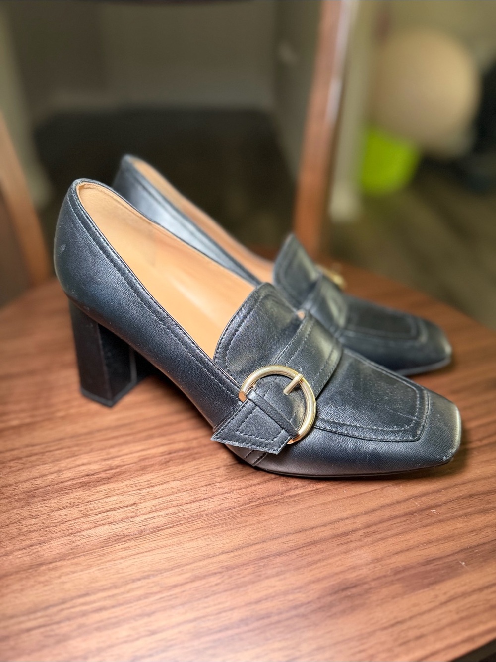 Marc Fisher Black Leather Buckle Loafer Heels Size 6.5